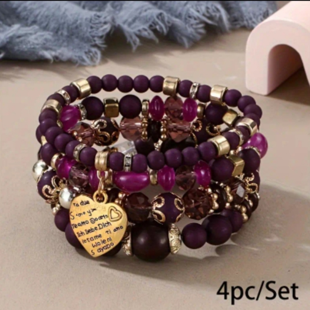 Boho-Chic 4pcs Multilayer Bracelet Set with Thin Heart Charm & Rhinestone Accent
